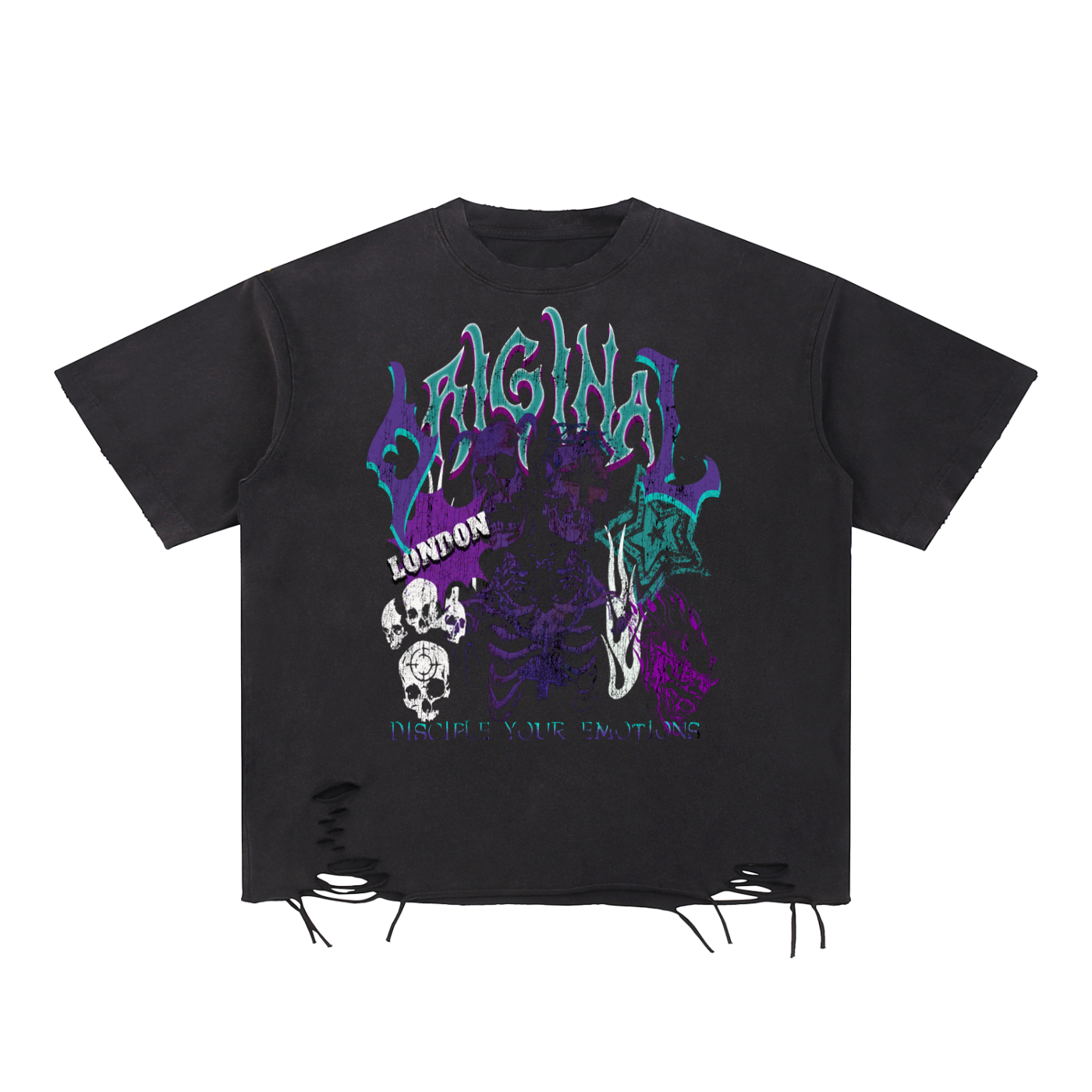 Original London "Disciple Your Emotions" Snow Washed Raw-Hem T-Shirt