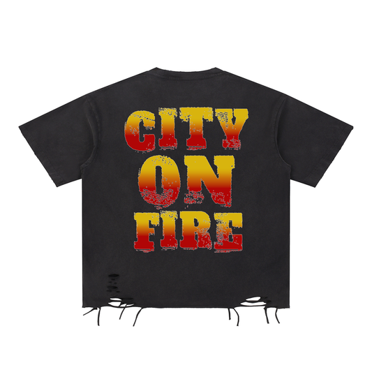 Original London "City On Fire" Snow Washed Raw-Hem T-Shirt